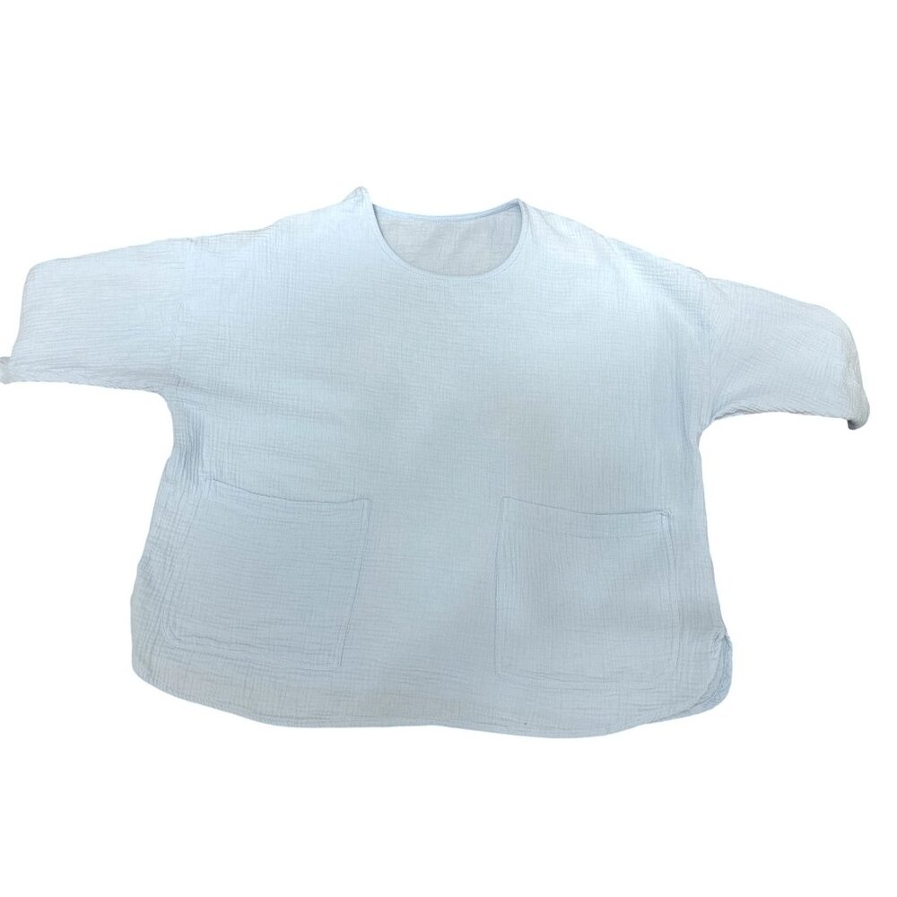 CCC Light Blue Cotton Boxy Top All Cotton Front Pockets Long Sleeve Blouse Large - Picture 6 of 7